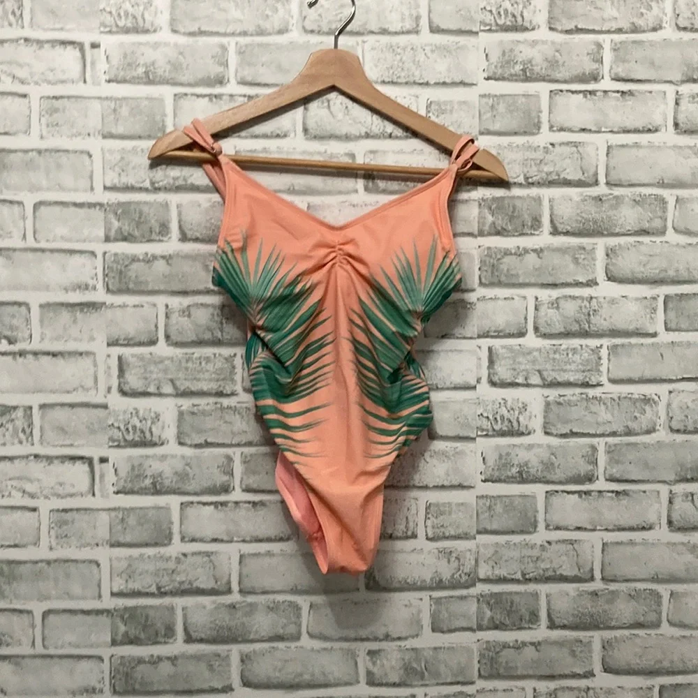 Pink and green leaves swim suit 1 piece. - Picture 1 of 4